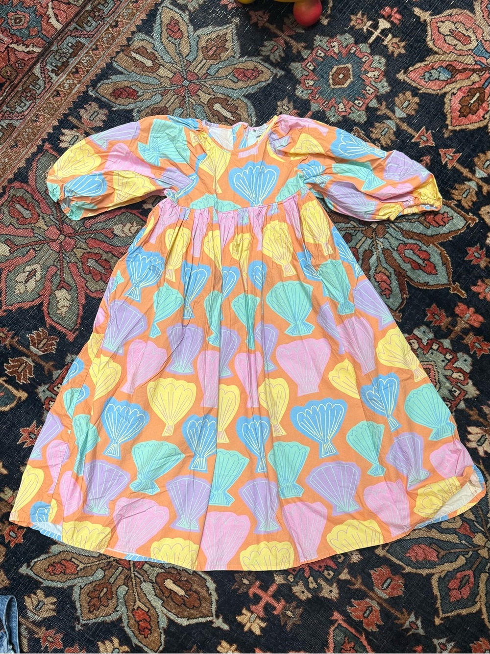 Stella McCartney Kids Orange Shell-Print Puff Sleeve Dress